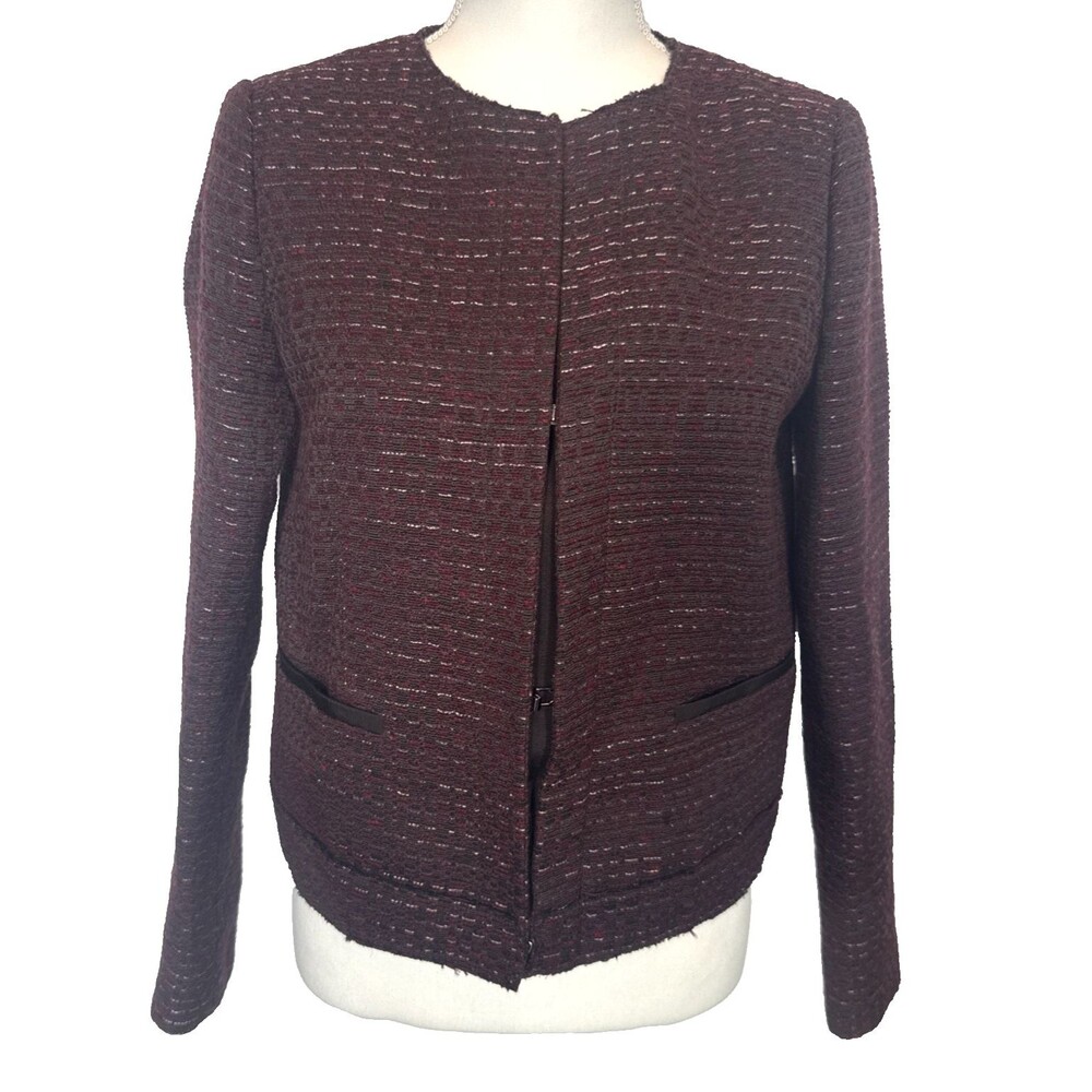 Massimo Dutti Women’s Tweed Jacket Size 8 Maroon Black Tweed Quiet Luxury Office